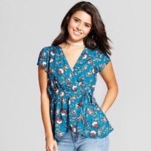 Xhilaration Teal Wrap Blouse Floral Pattern NWT